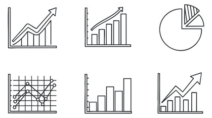 A set of six financial and statistical charts in black and white outline vector style, ideal for business presentations and reports