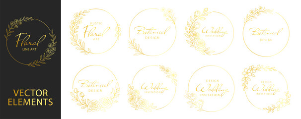 Golden floral wreath frames and circular botanical borders, elegant line art flowers and leaves, luxury decorative wedding invitation design set on transparent background