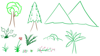 Versatile hand-drawn green illustrations of diverse flora, majestic mountains, and various tree types, ideal for nature-themed graphic design, educational content, and environmental projects