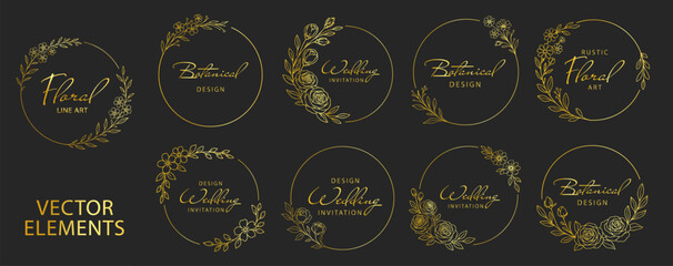 Golden floral wreath frames and circular botanical borders, elegant line art flowers and leaves, luxury decorative wedding invitation design set on transparent background