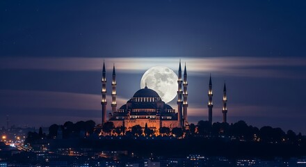 Mosque Silhouette at Night with Full Moon.