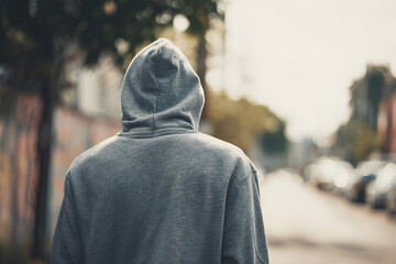 Person walking on the street in a gray hoodie during the day with trees and buildings in the background