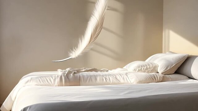 A soft white feather floating above a bed in a minimalist bedroom. Natural light creating a gentle atmosphere. Comfort, sleep, and relaxation concept
