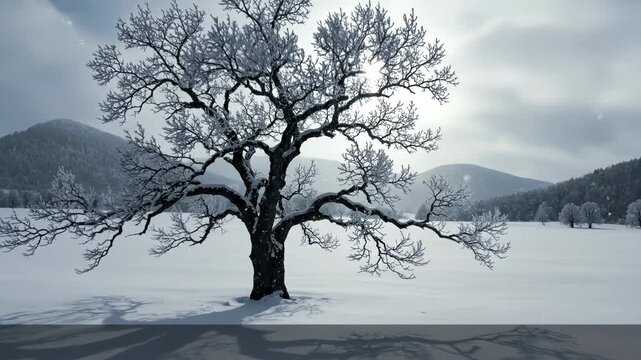 A large tree with no leaves stands alone in a snowy field with mountains in the background on a cloudy day outside