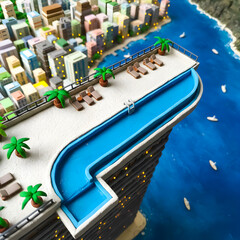 A terrace on a skyscraper with a swimming pool offering a beautiful view of the surrounding city by the sea
