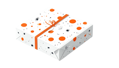 A wrapped gift box with orange circles, black spiders, and a ribbon