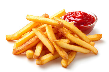 Crispy fries served with red ketchup on a plain background for a simple snack or side dish