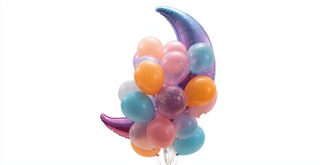 Colorful balloons shaped like a crescent moon stand together for a celebration