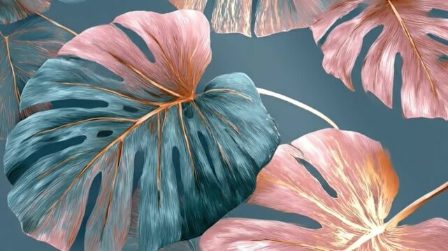 A vibrant and abstract tropical pattern showcasing stylized botanical leaves in a sophisticated color palette of dusty pink, rose gold accents, and muted teal blue-green against a deep teal background
