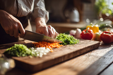 Person prepares vegetables on wooden cutting board in kitchen during daytime