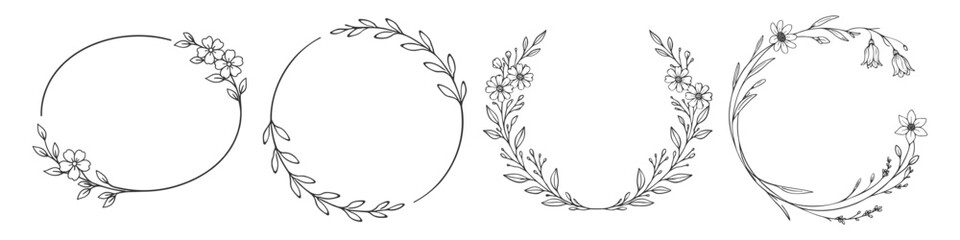Floral wreath frames set, elegant hand drawn botanical flower outlines, minimal line art decorative branches and leaves vector illustration on transparent background © Pavlo