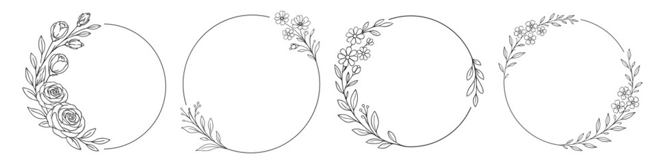 Elegant floral wreath frames and circular botanical borders vector illustration on transparent background