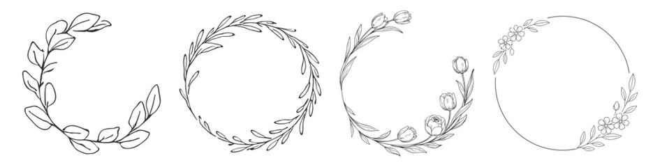 Floral wreath frames set, elegant hand drawn botanical flower outlines, minimal line art decorative branches and leaves vector illustration on transparent background © Pavlo