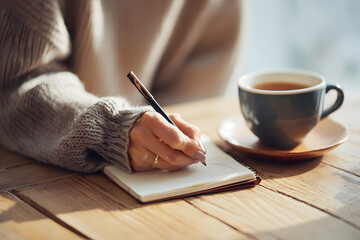 Person writes in a notebook while enjoying a cup of tea in a cozy indoor space