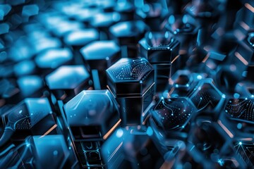 Abstract background showing futuristic hexagonal structures with glowing blue lights, representing big data, advanced technology, and innovation