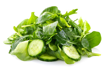 Fresh greens and cucumber arranged on a white surface ready for salad preparation and serving