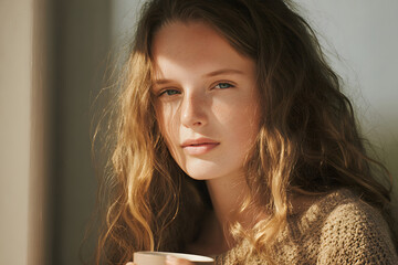 Woman with curly hair holding a cup indoors in the morning light