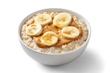 Bowl of oatmeal topped with banana slices and peanut butter on a white surface