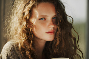 Woman with curly hair holding a cup indoors in the morning light