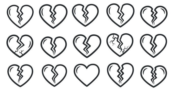 A collection of broken hearts in black and white outline vector style, suitable for expressing emotions of heartbreak and sadness