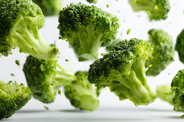 Fresh broccoli pieces float in the air against a light backdrop during a food preparation scene