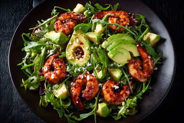 Shrimp and avocado salad served on a black plate with fresh greens and cherry tomatoes