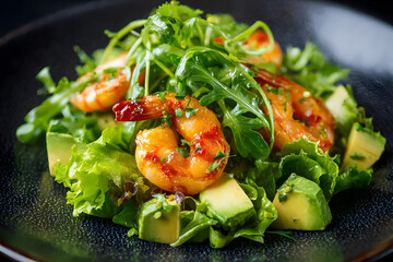 Shrimp and avocado salad served on a black plate with fresh greens and cherry tomatoes
