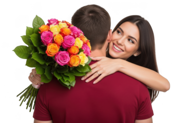 Smiling young woman hugging man from behind while holding vibrant bouquet of pink, orange, and yellow rose flower isolated on transparent background