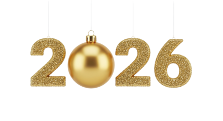 Golden 2026 new year decoration isolated on transparent background