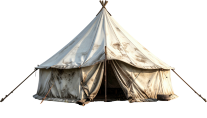 Off-white canvas tent, weathered, with wooden support beams, isolated