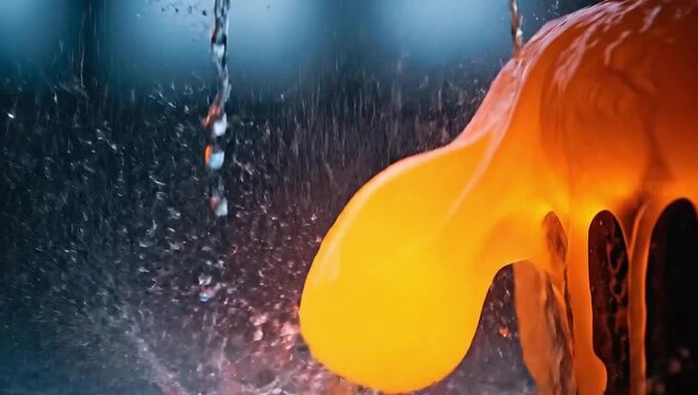 A vibrant orange object illuminated by a dynamic cascade of water droplets and fine spray