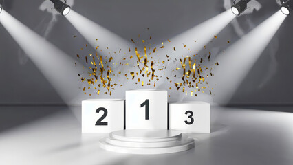 A stage is set with three podium cubes marked with numbers one, two, and three. Confetti cannons are ready to celebrate as lights shine on the scene during the award ceremony event