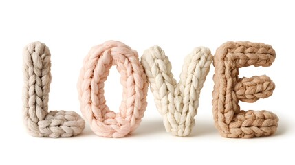 The Word LOVE Spelled Out in Chunky Knitted Yarn Letters. Cozy, Handmade, and Valentine's Day Concept.