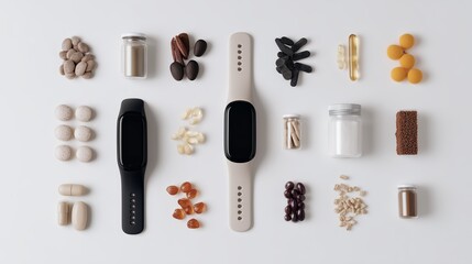 Fitness trackers surrounded by various health snacks and supplements on a white surface