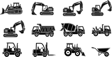 Construction vehicle icons, heavy machinery equipment silhouettes, industrial trucks and tractors, excavators and bulldozers illustration set for building, engineering, construction projects © MdMonirujjaman