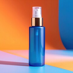Cylindrical Cosmetic Spray Bottle Mockup on Bold Blue and Orange Gradient.