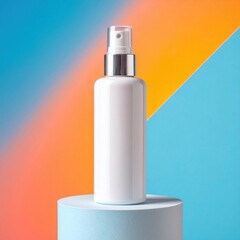 Cylindrical Cosmetic Spray Bottle Mockup on Bold Blue and Orange Gradient
