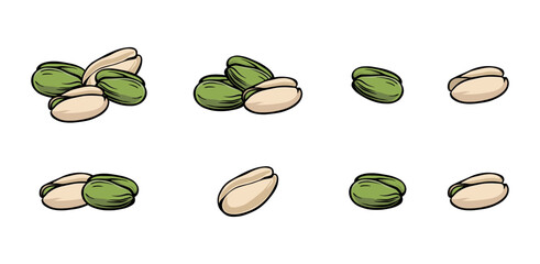 Set of separate pistachio nut elements with open shells and kernels without background.