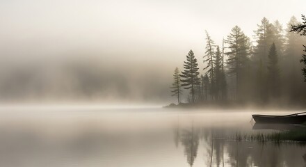 Fototapeta premium Misty Lake with Trees and Boat.