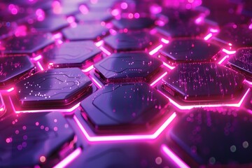 Futuristic hexagonal background with glowing purple neon lights and data streams flowing, creating a technological and abstract design