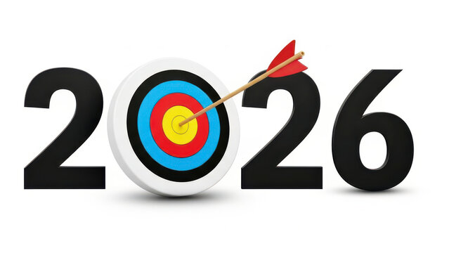 Year 2026 business goal and target achievement concept with a red arrow hitting the bullseye of a colorful archery target replaced by zero in 2026 isolated on a white background