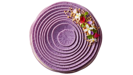 Artistic purple cake with concentric circles and floral decoration isolated on transparent background