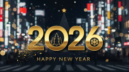 Happy New Year 2026 background with bold golden numbers and festive confetti against a blurred night city street with glowing bokeh lights and urban metropolis atmosphere