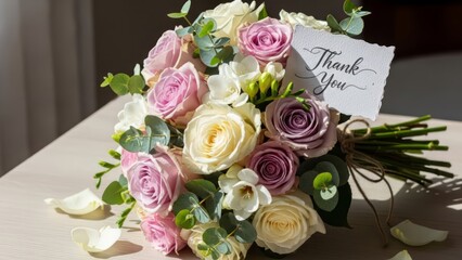 Obraz premium A pastel bouquet of flowers with an elegant “Thank You” card – a gift concept as a token of gratitude. AI generated.
