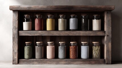 Rustic cabinet shelves filled with jars spices natural setup