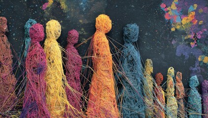 Figures formed from vibrant threads stand together, connected by strands