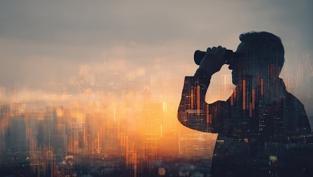 Silhouette of person with binoculars overlooking city skyline at sunset, stock graph - Powered by Adobe