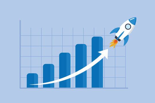 Exponential growth or compound interest, financial report graph with exponential arrow from flying rocket, investment, wealth or earning rising up graph, business sales or profit increase concept.