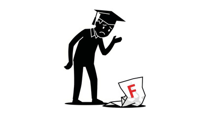 A sad student looking at a failing F grade on a test paper. Minimalist vector illustration of academic failure and disappointment.