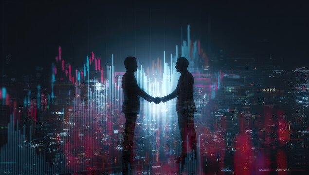 Silhouettes of businessmen shaking hands against a digital cityscape with data - Powered by Adobe